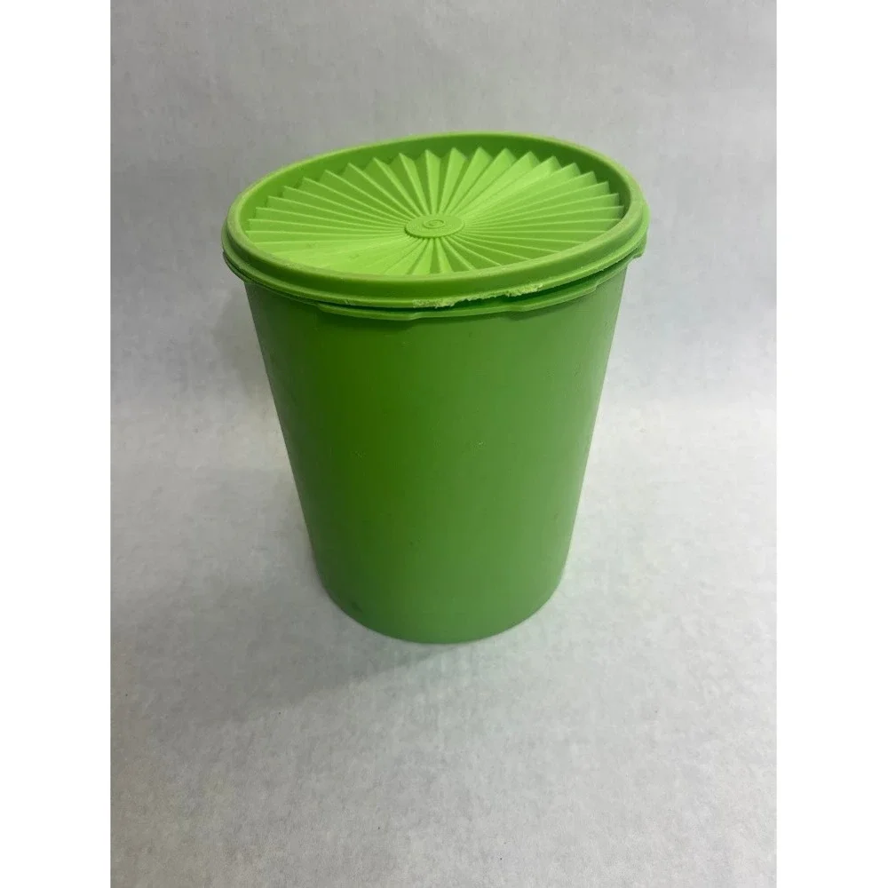 Vintage Tupperware Servalier Canister Lime Green Sunburst Lid Floral Graphic